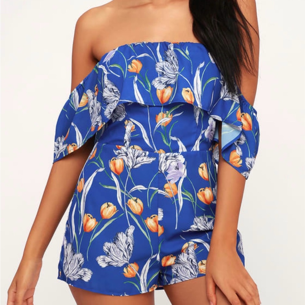 Lulus Waimea Royal Blue Floral Print Off-the-Shoulder Romper